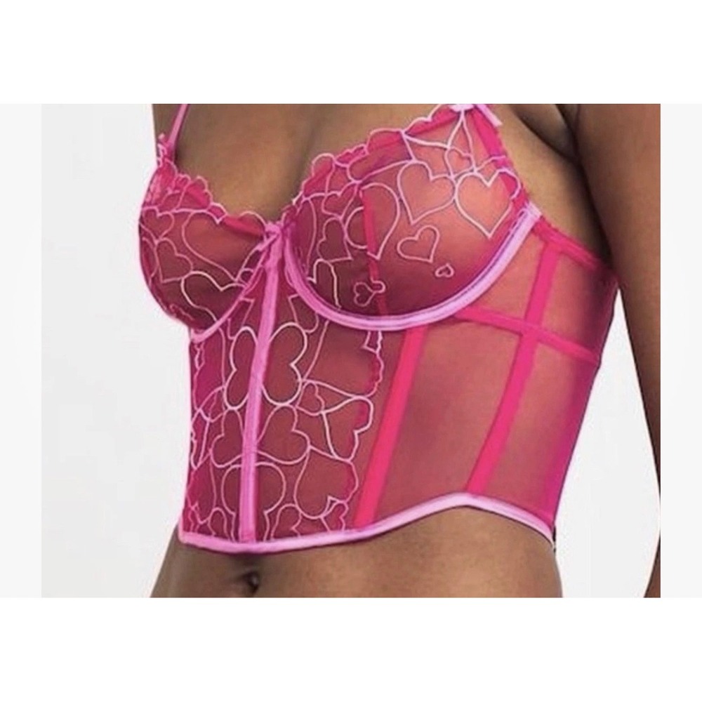 Skims Embroidered Tulle Unlined Demi Corset Punch Pink Heart Mesh Top L NEW